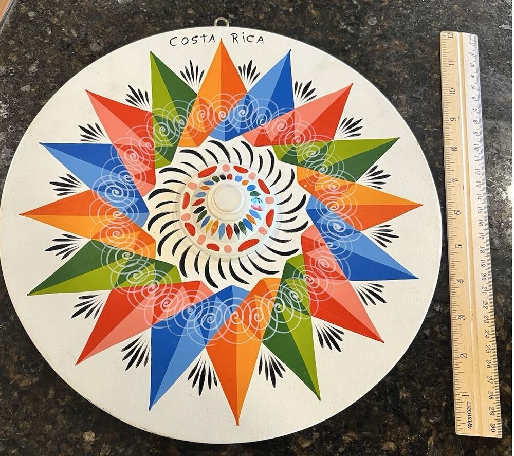 Hand Painted Costa Rican Raised Hardwood Wall Hanging Mandala Folk Art 13 In